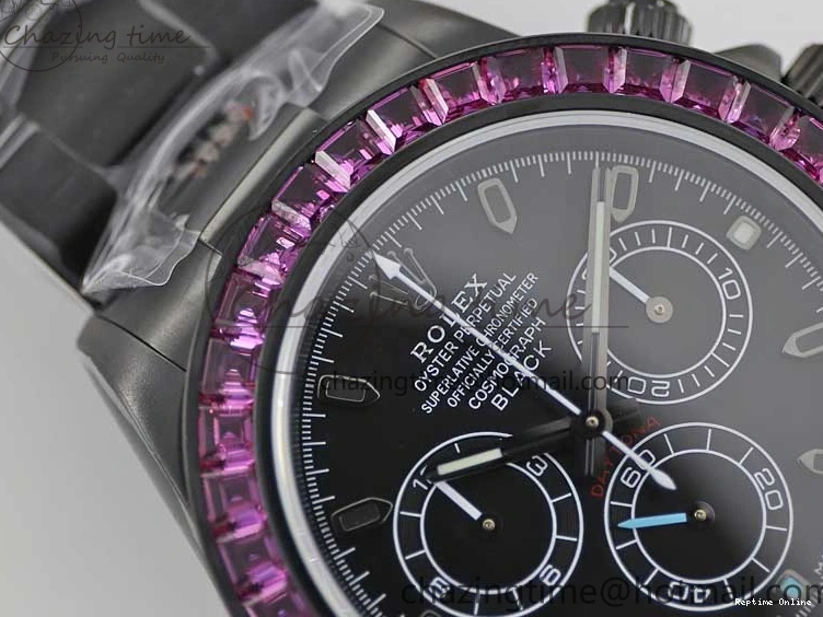 0223 Daytona All Black PVD TWF Best Edition Purple Diamonds Bezel Black Dial on PVD Bracelet SA Lightweight 2446